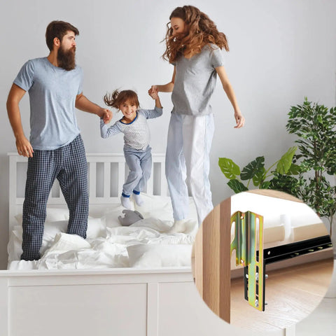 Family enjoying jumping on a bed with Set Of 4 Bed Frame Conversion Brackets Swaps Bolt On Rig To Hook On Fit With Absolutely Zero Hiccups.