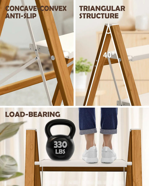 Three Step Stool With Anti Slip Large Pedals White Woodgrain Finish Lightweight Foldable For Home Garage Or Workshop Easy To Fold And Carry Portable Step Ladder showing 330 lb load
