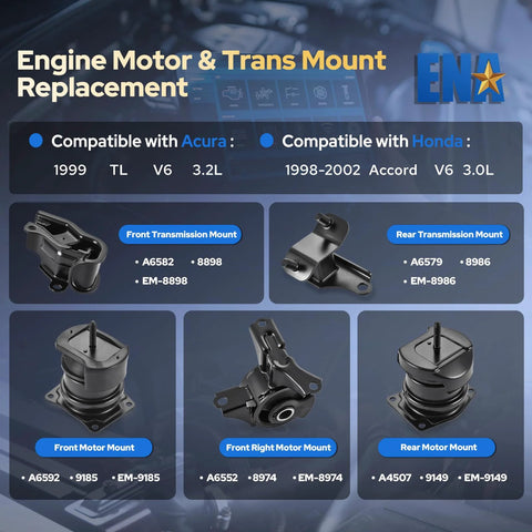 Engine And Transmission Mount Set Of Five For Honda Accord 1998 1999 2000 2001 2002 With V6 3.0L And Acura TL 1999 3.2L Replacement