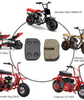 Mini Bike Disc Brake Pads For 79cc To 105cc Mini Bikes And Go Karts with compatible models including Baja DB30 and Coleman CC100X shown
