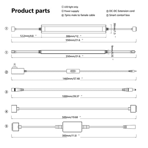 Diagram of Under Cabinet LED Strips With RGB CW Color Changing Lights Dimmable Brightness For Alexa And Google Home Kit components.