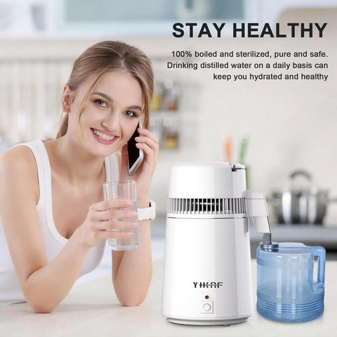 User enjoying distilled water with Heavy Duty Stainless Steel Countertop Water Stiller That Makes Up To Six Gallons Distilled Water Daily For Healthier Hydration Essential Oil Mixing And Plant Care With Durable Plastic Collection Container For Home Use.