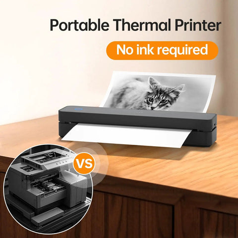 Slick Compact Thermal Printer With No Sweat Bluetooth Wireless Hookup For Travel And Road Trips printing a cat photo on a desk.