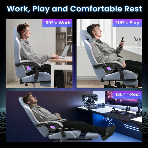 Gamer Grade Ergonomic Gaming Chair With Back Support For Marathon Sessions in recline modes, showing adjustable positions for work, play, rest.