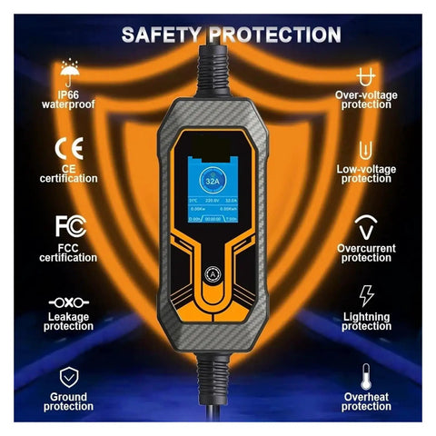Portable Level 2 EV Charger 7kW 32A 1-Phase With 5m Cable Adjustable Current Travel Ready EVSE showing safety features