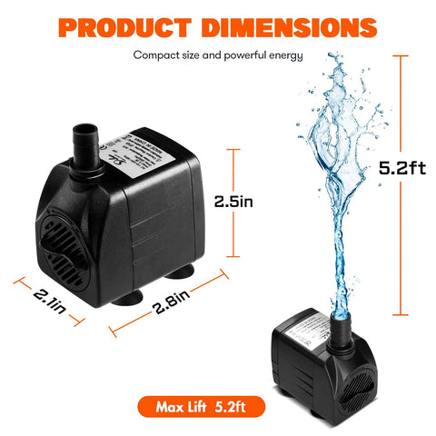 Powerful Workhorse Submersible Water Pump With Adjustable Intake, 15W Motor, 760 Liters Per Hour, 5.2 Foot Lift, Dual Nozzles, Black