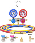 No Fuss Heavy Lifter Hvac Manifold Gauge Kit For R134a R410a R22 Refrigerant with color-coded hoses and brass fittings.