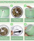 Steps showing Electric Herb Grinder For Spice And Dry Herbs With 3.4 Ounce Capacity One Touch Operation For Fast Grinding Portable USB Charging