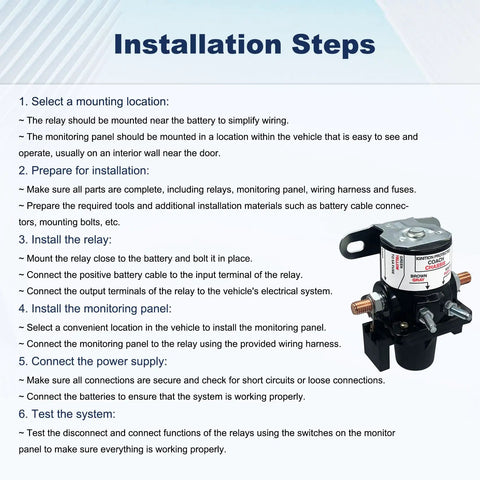 Installation steps for 12V 100 Amp Battery Disconnect Latching Relay with image of relay and wiring instructions for RVs and automobiles.