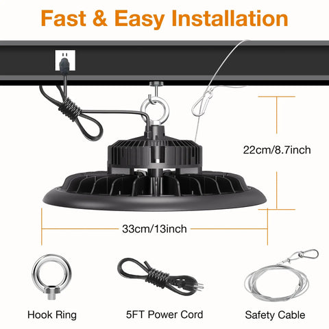 LED High Bay Light 150W Hella Bright 21,000 Lumens 5000K Daylight Equivalent To 600W HID HPS US Plug 5 Ft Cable size details