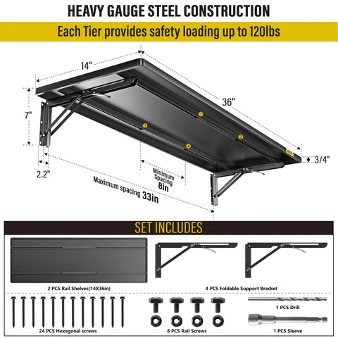 Heavy Duty Steel Folding Storage Shelf Rack Two Pack Adjustable Rail Type Wall Mount Shelves For Garage Kitchen Workshop Black Finish With Folding Panels, showing dimensions and included parts.