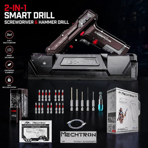 Futuristic Cordless Drill Kit And High Torque Rechargeable Power Tool Set, includes screwdriver and hammer drill with LED display.