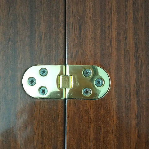 Heavy Duty 180 Degree Folding Table Hinges With Rounded Corners For Kitchen Cabinets And Bedroom Furniture, Gold finish, mounted on wooden surface.