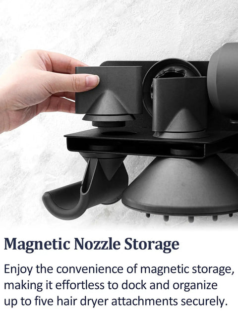 Universal Magnetic Hair Dryer Holder Wall Mount for All Dryers with Metal Stand and nozzle docking, easy attachment access.