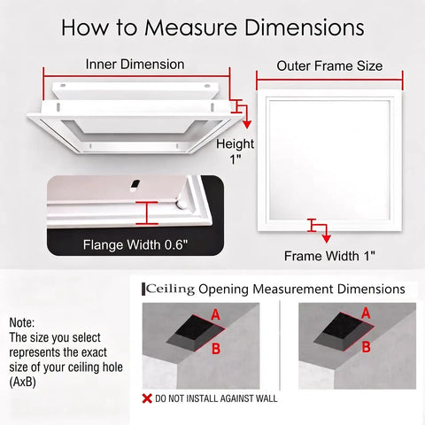 How to measure dimensions for Dead Simple Drop In Ceiling Access Panel 15X18 Inches Waterproof Aluminum installation guide.