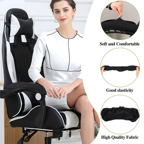 Woman seated on chair with Two Pack Armrest Covers for Office Chair Comfy Soft Elastic Polyester Hand Rest Protectors in black.