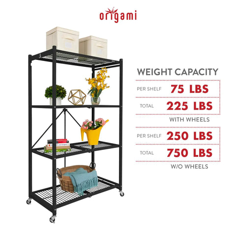 Straight Up Heavy Duty 4 Tier Foldable Steel Storage Rack In Black, Commercial Grade Shelving Unit With No Fuss Snap Together Setup, Multi Functional Organizer For Home Garage Or Basement