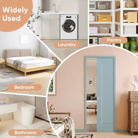 Sliding Pocket Door Kit 30 By 80 Inches With Track, installed between living room and bedroom, soft close mechanism visible.