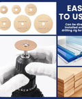 Knockdown Inside Pipe Cutter Kit For Cordless Drills, showcasing various diamond blades and a drill with gloves, ready for use.