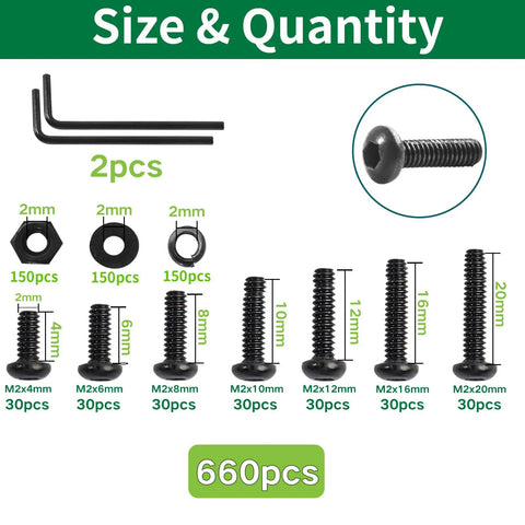 Assortment of Zmbroll 660Pcs M2 Button Head Hex Socket Cap Screws Fully Threaded Metric Machine Screws M2x4-20mm with nuts and washers