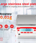 Crazy Precise Lab Scale 3200g Capacity With 0.01g Readability Electronic Analytical Balance Digital Scale For Lab Pros Jewelry And Scientific Use Includes 1Kg Calibration Weight Adjustable Feet Level Bubble Overload Alarm front view with stainless steel plate and LCD display