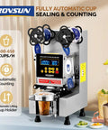 Fully Automatic Cup Sealing Machine With LCD Display For Bubble Tea And Coffee, No Fuss And Ultra Fast Sealing At 500 To 650 Cups Per Hour, Adjustable 88 To 95 Millimeter Cups, Electric Silver Finish