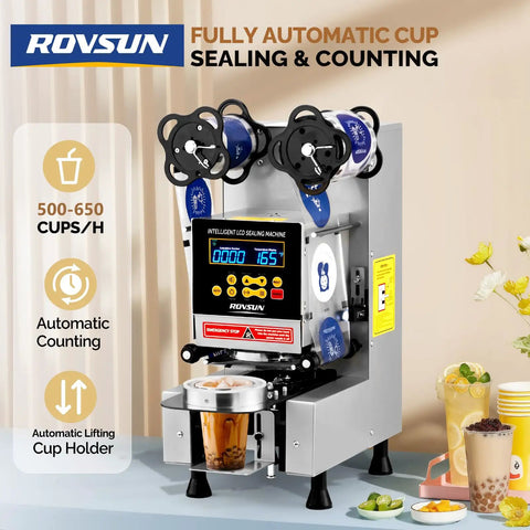 Fully Automatic Cup Sealing Machine With LCD Display For Bubble Tea And Coffee, No Fuss And Ultra Fast Sealing At 500 To 650 Cups Per Hour, Adjustable 88 To 95 Millimeter Cups, Electric Silver Finish
