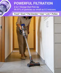 Person vacuuming with a Dyson using 3 Pack Vacuum Replacement Filter Set Compatible With V11 Origin V11 Torque Drive V11 Complete V11 Extra V15 Detect V15 Detect Absolute V15s Detect Submarine Cordless Vacuums.