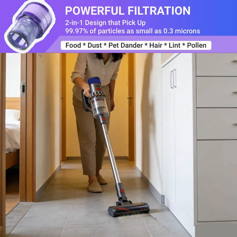 Person vacuuming with a Dyson using 3 Pack Vacuum Replacement Filter Set Compatible With V11 Origin V11 Torque Drive V11 Complete V11 Extra V15 Detect V15 Detect Absolute V15s Detect Submarine Cordless Vacuums.