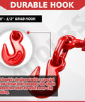 Heavy Duty Ratchet Chain Binders 3 Eighths To 1 Half Inch Four Pack With Two Grab Hooks Grade 70 Tie Downs 9200 Lbs Safe Working Load Towing And Transport Ready For Truck Bed And Trailer Use showcasing a durable red hook detail.