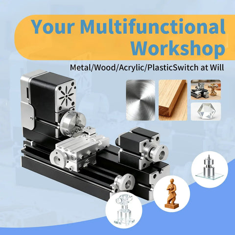 Zhrui Mini Metal Lathe Machine With 5 Pc Carbide Cutter Set, 20K Rpm Ultra Quiet Motor, All Metal Build, High Precision Turning For Wood Acrylic And Soft Metals Ready To Use Out The Box in metal and wood workshop.