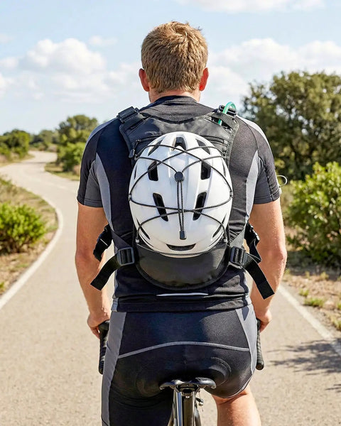 Cyclist wearing Lightweight Running Vest With 2L Water Bladder, helmet attached, on a sunny road.