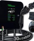 Beefy Hardwired Level 2 Electric Vehicle Charging Station Delivering A Heavy 48 Amp Wall Mount Charge With Nifty J1772 Connectivity And Smooth Tesla Nacs Adapter Support For Hassle Free Home Power Ups with 30 ft cable and touchscreen display.