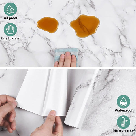 Marble Contact Paper Peel And Stick Self Adhesive 15.7 Inch By 118 Inch Glossy White And Grey Marble For Countertops, Kitchen Cabinets, Backsplashes, And Bathrooms, Waterproof Durable PVC, Easy Install, No Mess with stain resistance and installation view