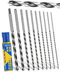Built Tough 12 Inch Extra Long Drill Bit Set 10 Piece Brad Point Wood Bits showing 10 drill bits with laser-etched sizes.
