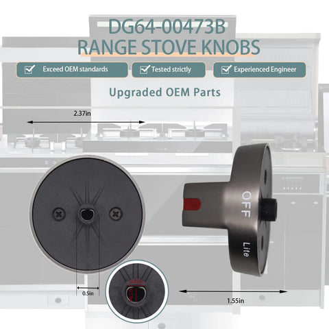 DG64 00473B Stove Knobs Black Replacement Set For Gas Range And Cooktop, detailed view of knob dimensions and design.