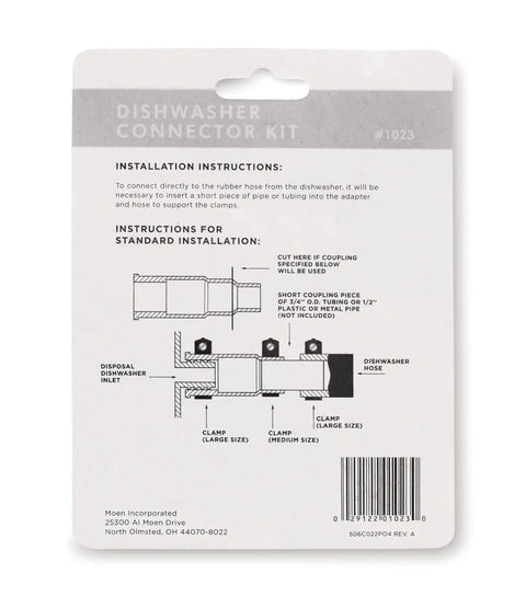 Back of packaging for Universal Dishwasher To Garbage Disposal Connector Kit with installation instructions and diagram.