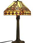 Lit Tiffany Style Table Lamp with stained glass shade Irish Celtic design bronze base