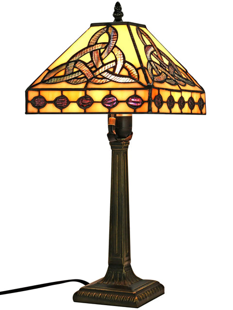Lit Tiffany Style Table Lamp with stained glass shade Irish Celtic design bronze base