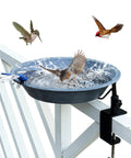 No Bull Fully Adjustable Deck Mounted Birdbath With Secure Grip Rail Clamps featuring birds splashing in gray metal bowl.