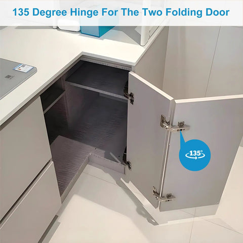 Straight Up Smooth Two Pack Concealed Cabinet Hinges Compatible With Corner Cupboards Full Overlay Face Frame Doors Adjustable Hydraulic 135 Degree Soft Closing Silver Hardware showcasing 135 degree hinge on folding doors.
