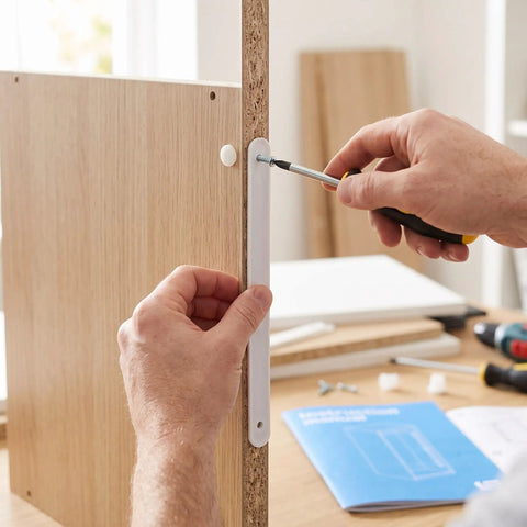 Heavy Duty Drawer Slide Kit With White Plastic And Metal Rails For Dresser Drawers And Baskets, Lightweight Design For Easy Install, Stable Support, Modern Aesthetic, Ideal Replacement Part For Reno Projects. installed on wood panel