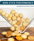 Cookies easily sliding off Six Pack Half Size Aluminum Baking Sheets Set For Oven Roasting PFOA PFOS PTFE Free, demonstrating non-stick performance.