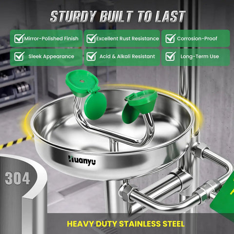Emergency Shower And Eyewash Station Kit In 304 Stainless Steel with Widened Deep Basin and Safety Sign, corrosion-resistant design.