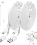 Two Pack 20Ft Power Extension Cable For Indoor And Outdoor Security Cameras Including Wyze Cam V4 V3 Pan OG Nest Cam Blink And Cloud Camera USB To Micro USB Charging And Data Sync Cord Plug And Play showing two coiled cables with mounting clips.