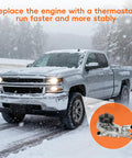Chevy Silverado in snow with inset image of Durable Engine Water Pump With Thermostat Direct Fit For Chevy Silverado 4.8L 5.3L And 6.0L Engines 1999-2006 And Cadillac 2002-2006 Replacement AW5087 12569519 19195104 252845
