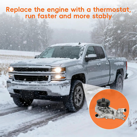Chevy Silverado in snow with inset image of Durable Engine Water Pump With Thermostat Direct Fit For Chevy Silverado 4.8L 5.3L And 6.0L Engines 1999-2006 And Cadillac 2002-2006 Replacement AW5087 12569519 19195104 252845