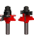 V Groove Panel Bit Set 2-11/64 Inch Diameter With 1/2 Inch Shank 45 Degree Cut Carbide, red and black bits, close-up view