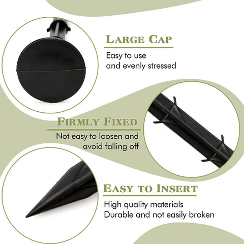Close-up of a 30 Pack 6 Inch Plastic Tarp Stakes Anchors with large cap, barbs for firm fixing, and pointed end for easy ground insertion.