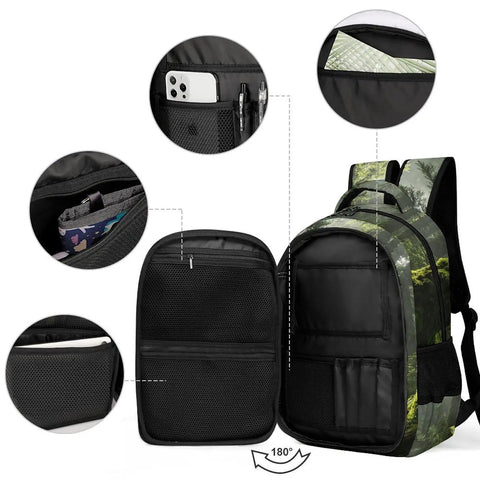 Fern Print Old Growth Forest Unisex Backpack open showing compartments, durable polyester, large capacity, everyday carry